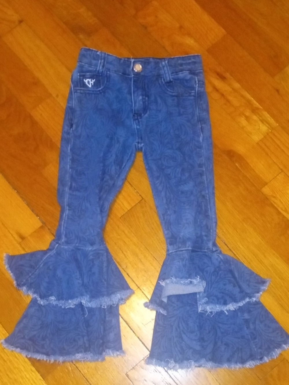 Girls Blue Paisley Ruffle Flare denim bell bottom jeans 4T